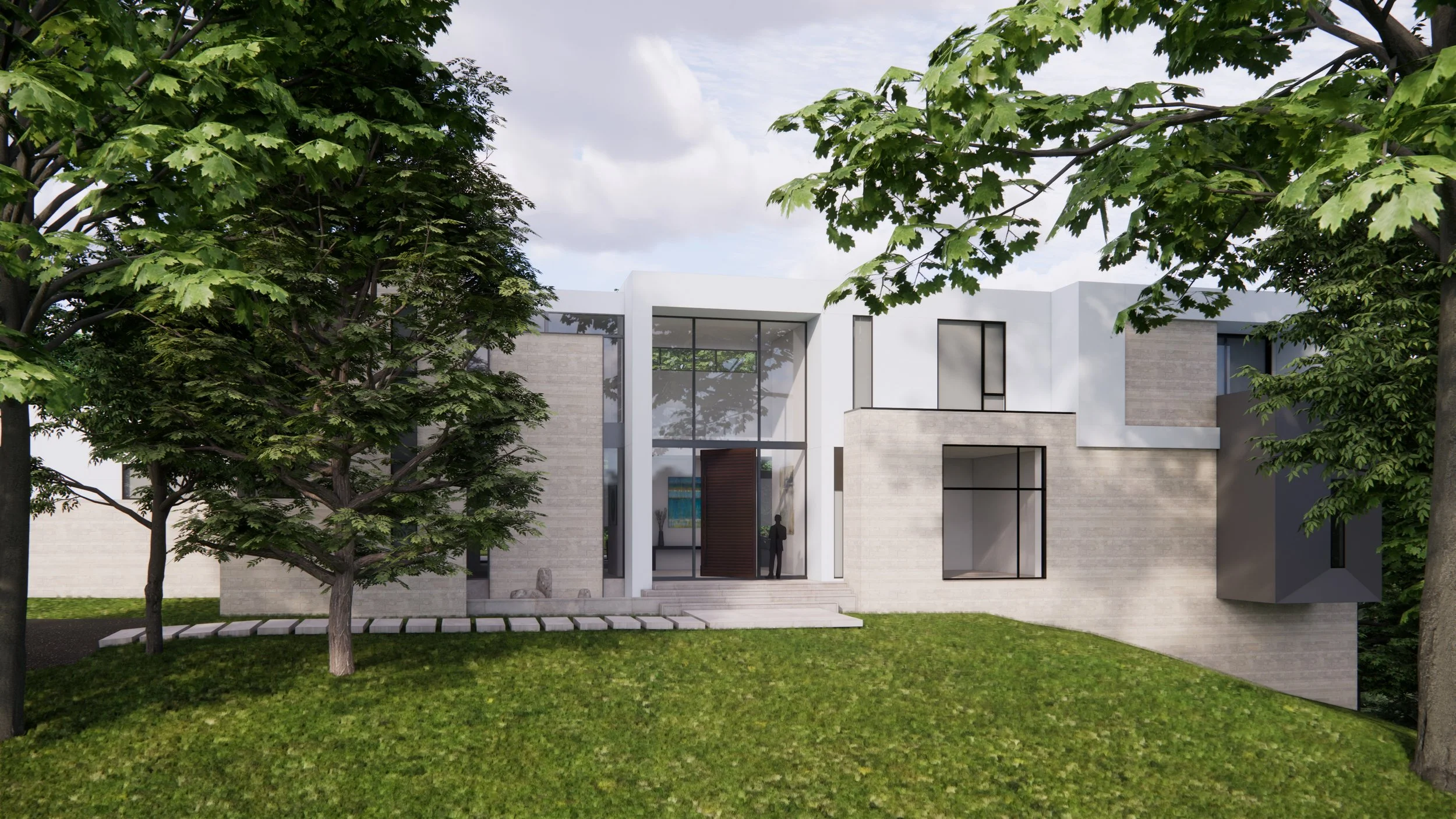 Modern house with large glass windows and a small set of stairs leading to the entrance, surrounded by green lawn and trees.