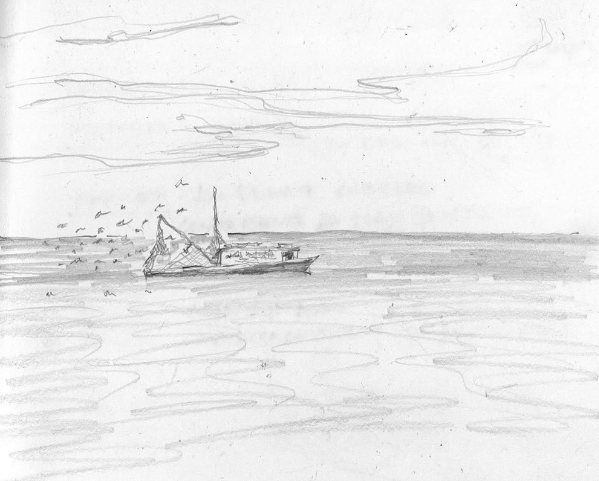 A pencil sketch of a boat sailing on water off the coast of Venezuela with clouds in the sky.