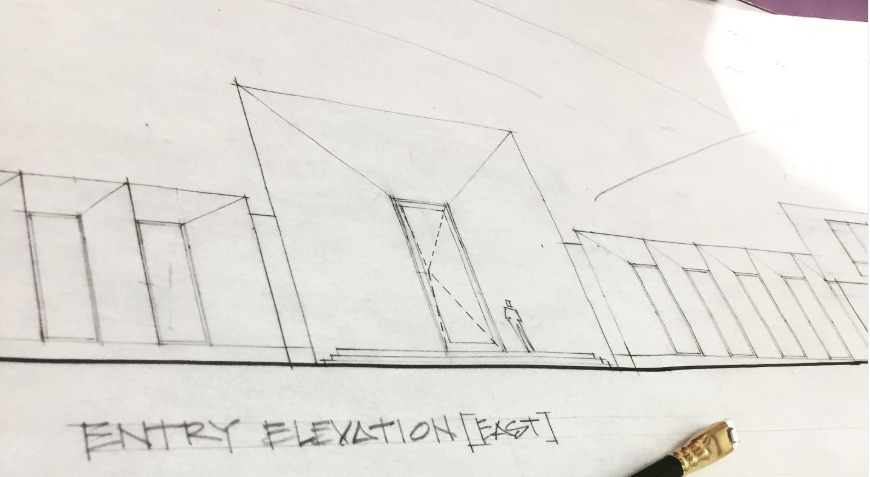 Architectural sketch of a modern home's entry elevation, showing different facade sections and a door with lines indicating perspective.