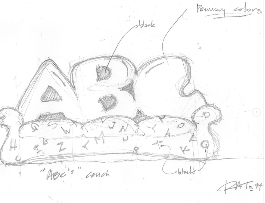 A hand-drawn sketch of an 'ABC' couch concept, with large, bubble-style letters. There is outlines of letters, with scattered letters on the surface.