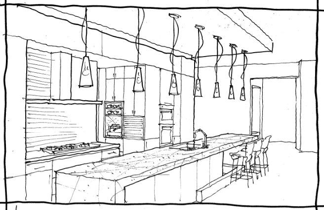 Sketch of a modern kitchen with an island, pendant lights, built-in appliances, and bar stools.