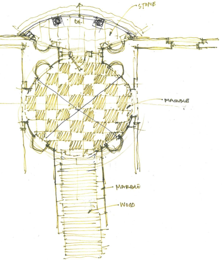 Sketch of a partial floor plan showing marble flooring in an alternating black and checkerboard pattern, and stone and marble structural elements.
