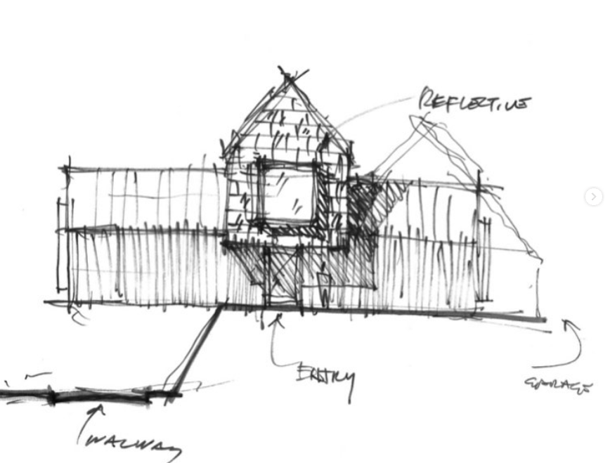 Original hand-drawn concept sketch of the Atlanta Symphony Orchestra 75th anniversary showhouse with labeled parts including backyard, walkway, garage, and reflective surface.
