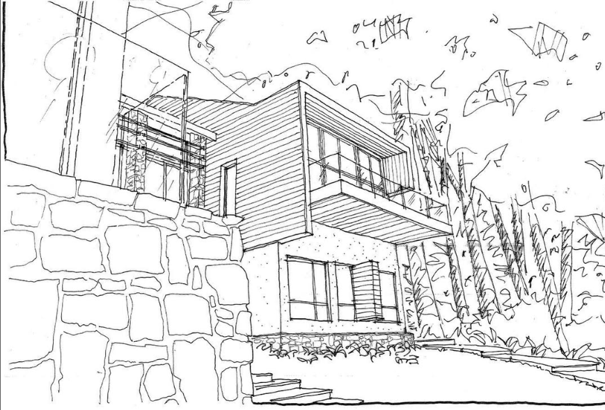 Line drawing of a modern two-story house with large windows, a balcony, and a stone wall in the foreground, surrounded by trees.