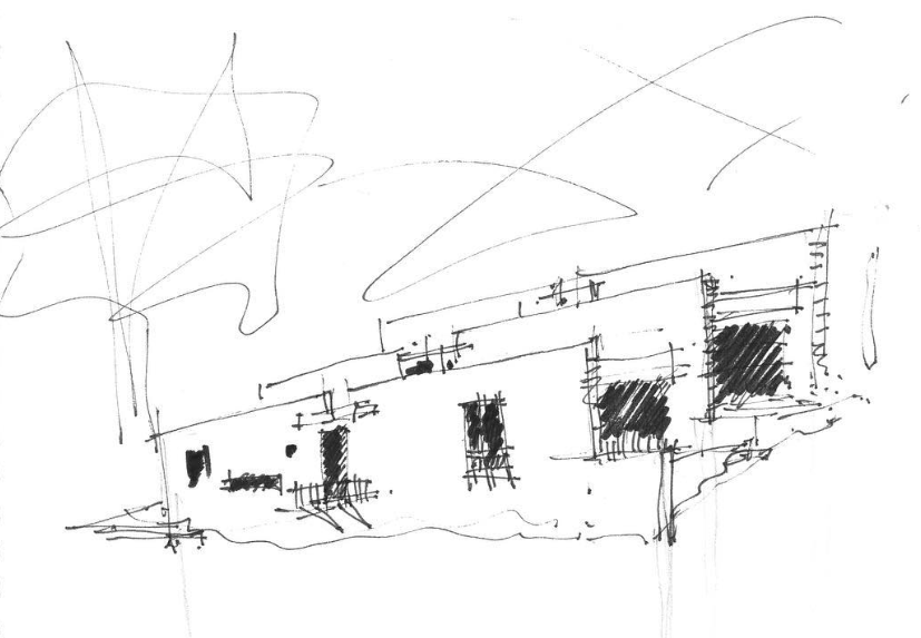 Sketch of a modern modern house stepping down a hill with flat roofs and multiple large windows.