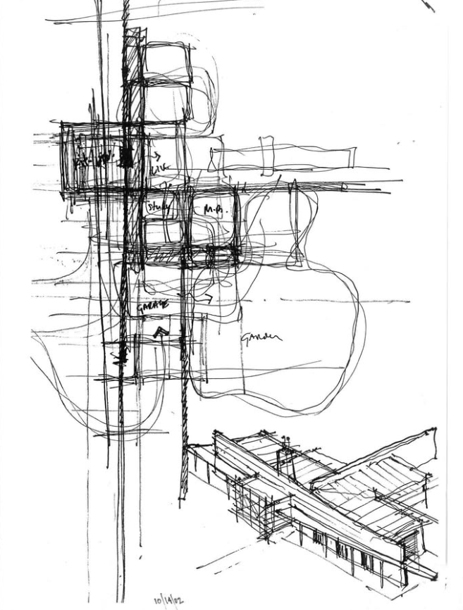 A hand-drawn architectural sketch of a modern house layout including multiple rectangular structures, pathways, and surrounding landscape elements.