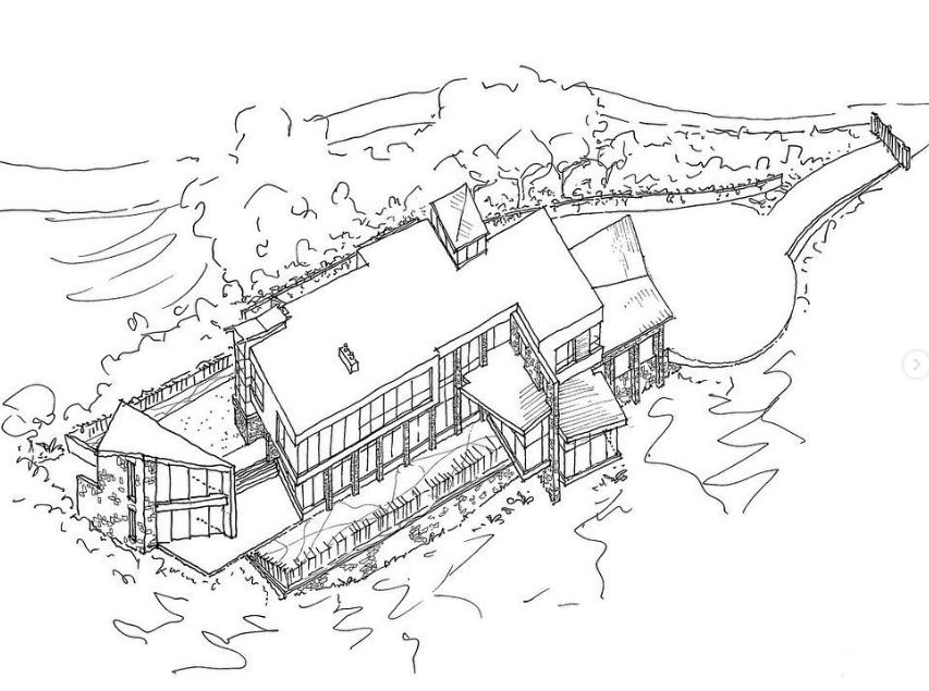 3D line drawing of a hillside house with a deck, stairs, and surrounding trees.