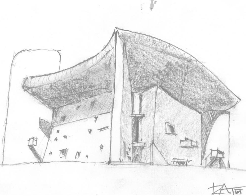 A pencil sketch of Notre Dame du Haut by Le Corbusier with a distinctive curved roof and angular walls, featuring small windows and outdoor terraces.