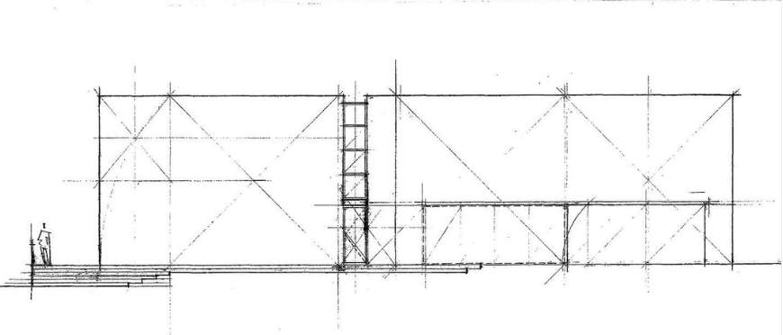 Architectural elevation sketch of a modern house facade with a person standing nearby for scale.