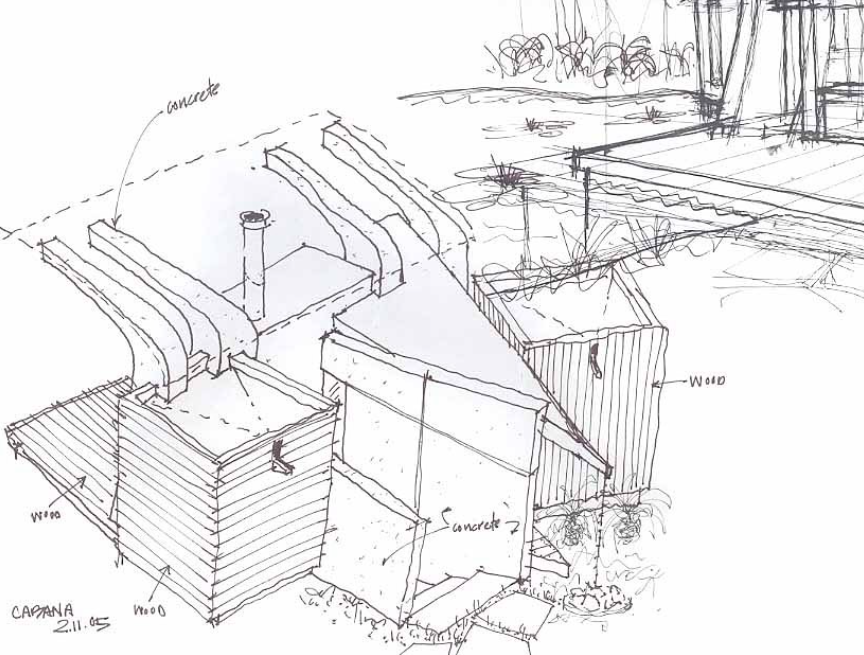 Sketch of a modern pool pavilion area with concrete and wood surfaces, a chimney, plants, and a small garden bed.