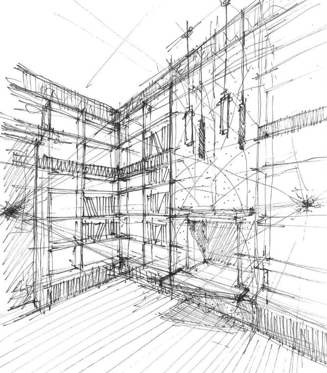 Sketch of an interior space with tall bookshelves, hanging lamps, and a fireplace or stove.