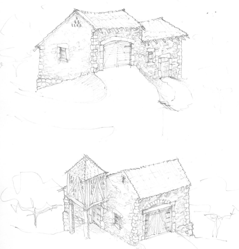 Sketch of a rustic stone house with a wooden door, small windows, and a steep-shingled roof, including a barn with a large wooden door and a smaller structure with a balcony and pitched roof.