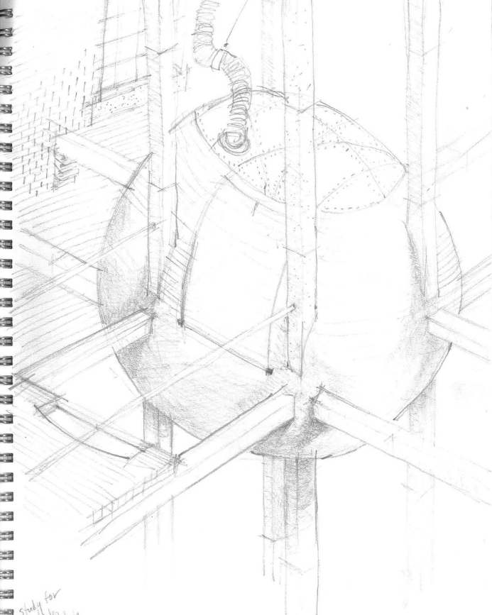 A detailed architectural 3d pencil sketch of a theatre room pod in an industrial aesthetic with surrounding framework.