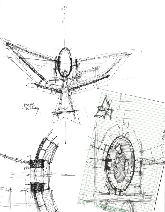 Conceptual sketches for a modern house based on a bird with technical drawings and notes.