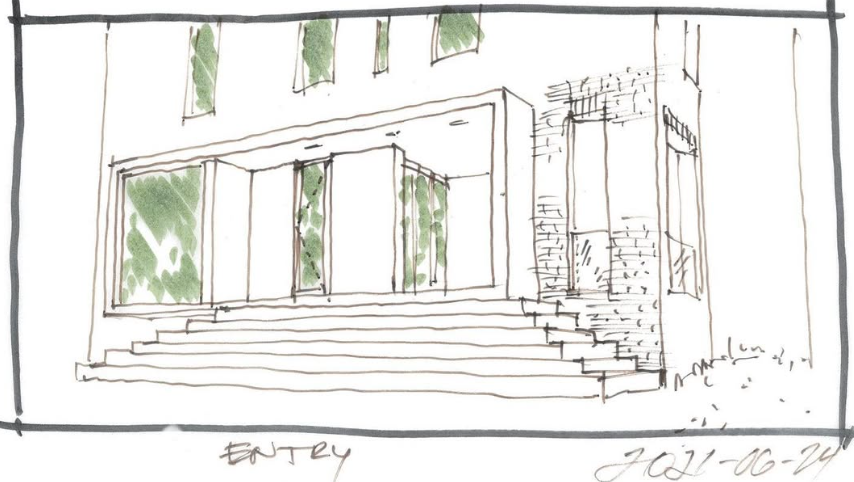 A sketch of a modern house entrance with steps leading up to glass doors, large windows, and greenery reflected in the windows.