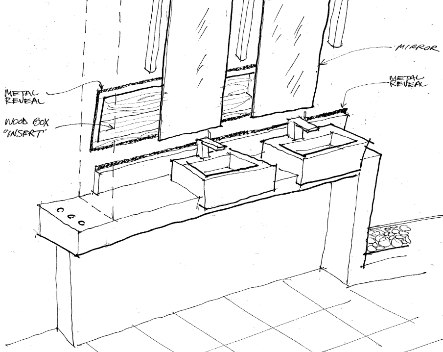 Sketch of a modern bathroom vanity with two sinks under a large mirror, showing a counter, sinks, faucets, and wall details.