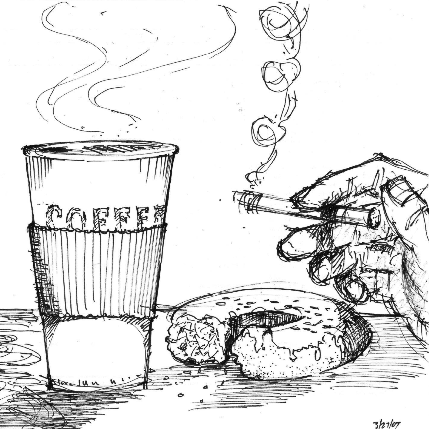 Black and white sketch of a hand holding a lit cigarette, a cup of coffee with steam rising, and a partially eaten donut on a surface.