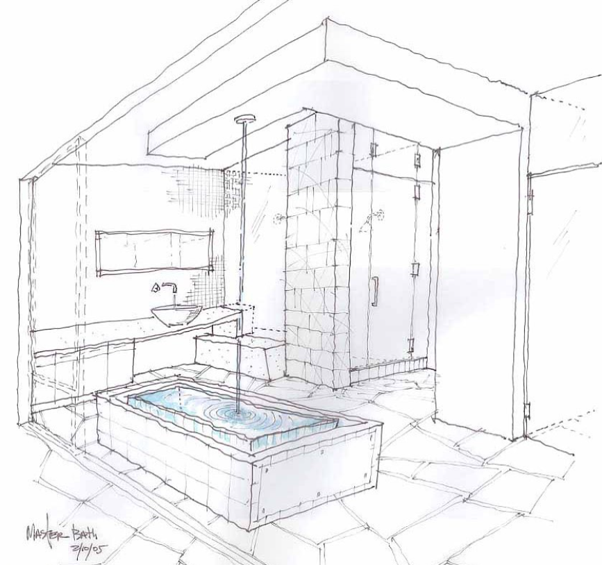 Sketch of a modern bathroom featuring a bathtub with water, a ceiling mounted tub filler, a shower enclosure, a wall-mounted sink with a mirror, and tiled flooring.