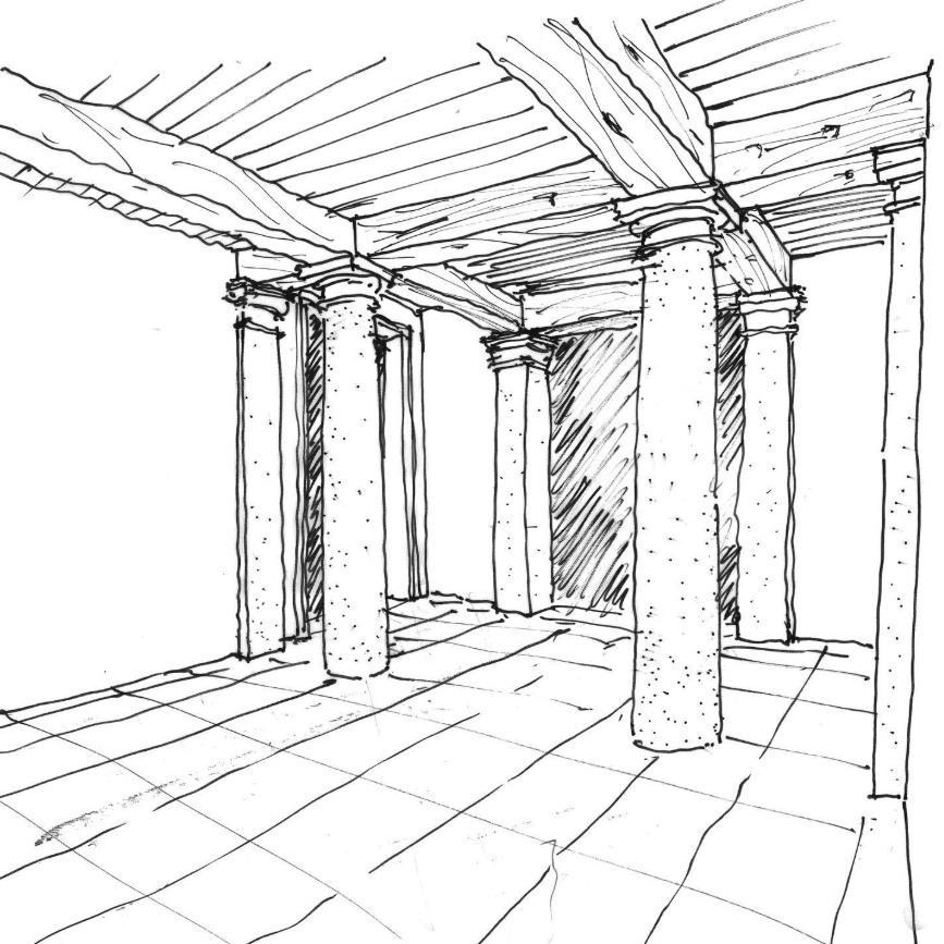Sketch of interior space in a historic villa in Padua, Italy, with large round stone columns, wooden ceiling beams, and tiled floor.
