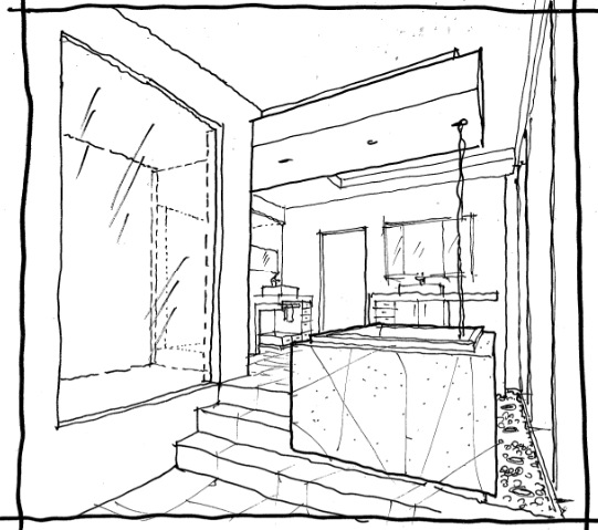 Interior pen line drawing of a bathroom with three steps, large window, and freestanding tub with ceiling mounted tub filler.