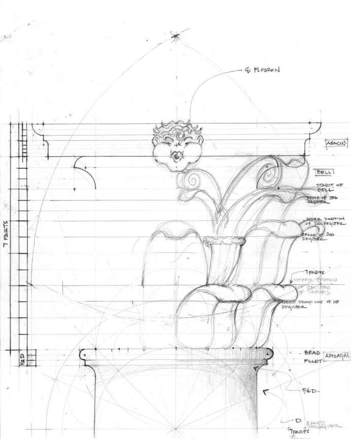 Sketch of a Corinthian column capital with detailed annotations, featuring a lion's head and ornate design elements.
