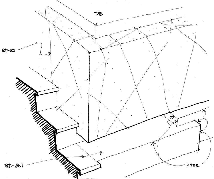 Hand-drawn pen sketch of a tub and step detail.