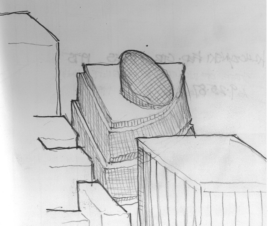 Pencil sketch of State of Illinois Center by Helmut Jahn as seen from Willis Tower formerly the Sears Tower.