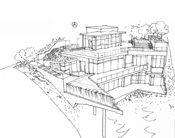 Hand-drawn ink sketch of a modern multi-level house on a steep site with large windows and outdoor terraces, surrounded by trees and landscape.