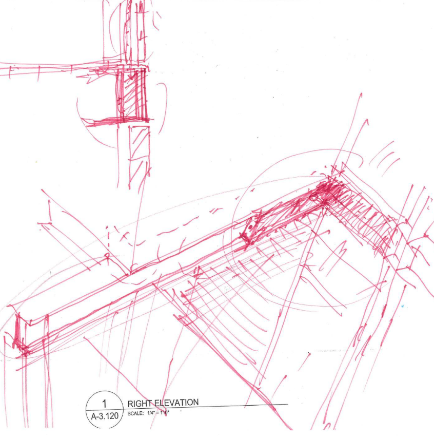 A technical architectural sketch in red ink showing the right elevation view of a building or structure with measurements and construction details.