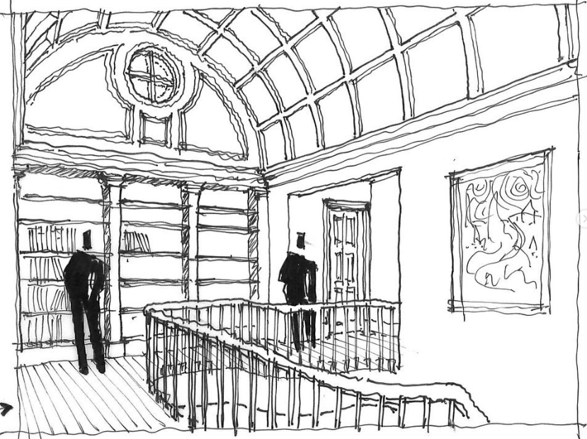 A black and white sketch of an interior space, possibly a library or gallery, featuring tall bookshelves, two figures in dark clothing, a framed artwork, a rail with vertical bars, and an arched ceiling with a circular window.