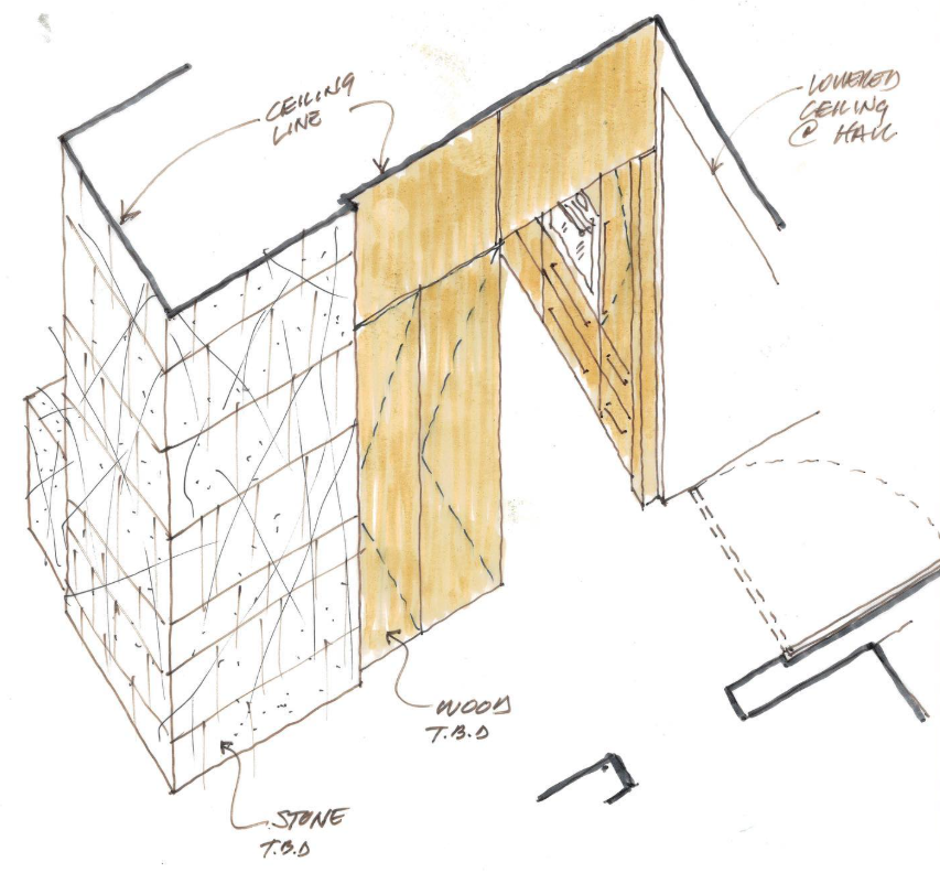 Concept sketch of a kitchen wall showing stone, wood, ceiling lines, lower ceiling at hand, and a door opening with framing.