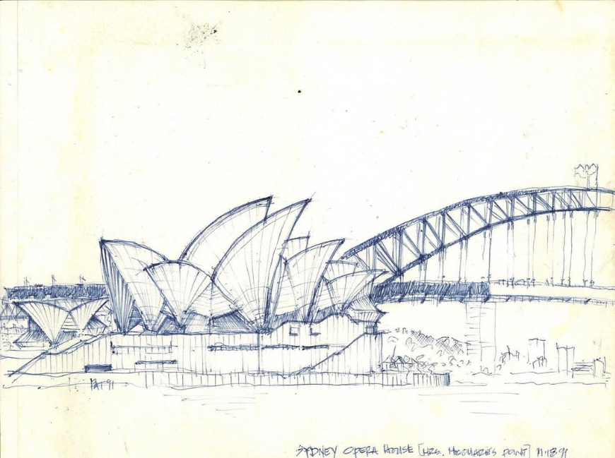 Sketch of the Sydney Opera House with the Harbour Bridge in the background as seen from Mrs. Macquaries Point.