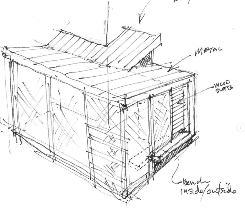 Sketch of a small modern porch with metal roof, wood siding, and a bend in the roof designed for inside or outside placement.