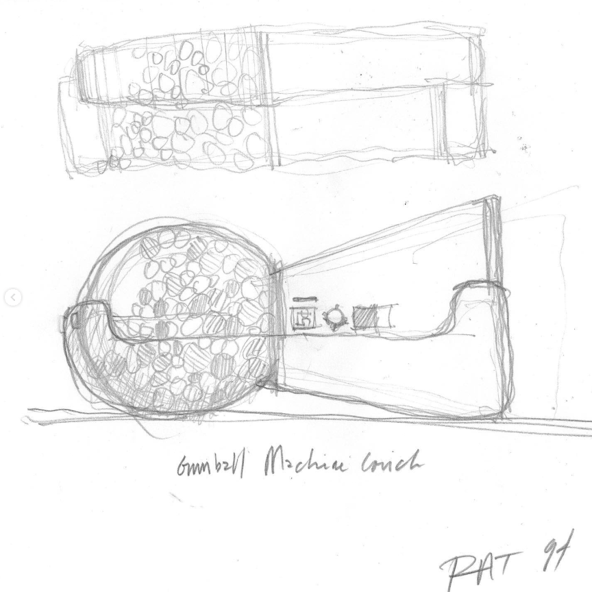 Hand-drawn pencil sketch of a gumball machine concept couch, with a top view and a side view showing a collection of gumballs inside.