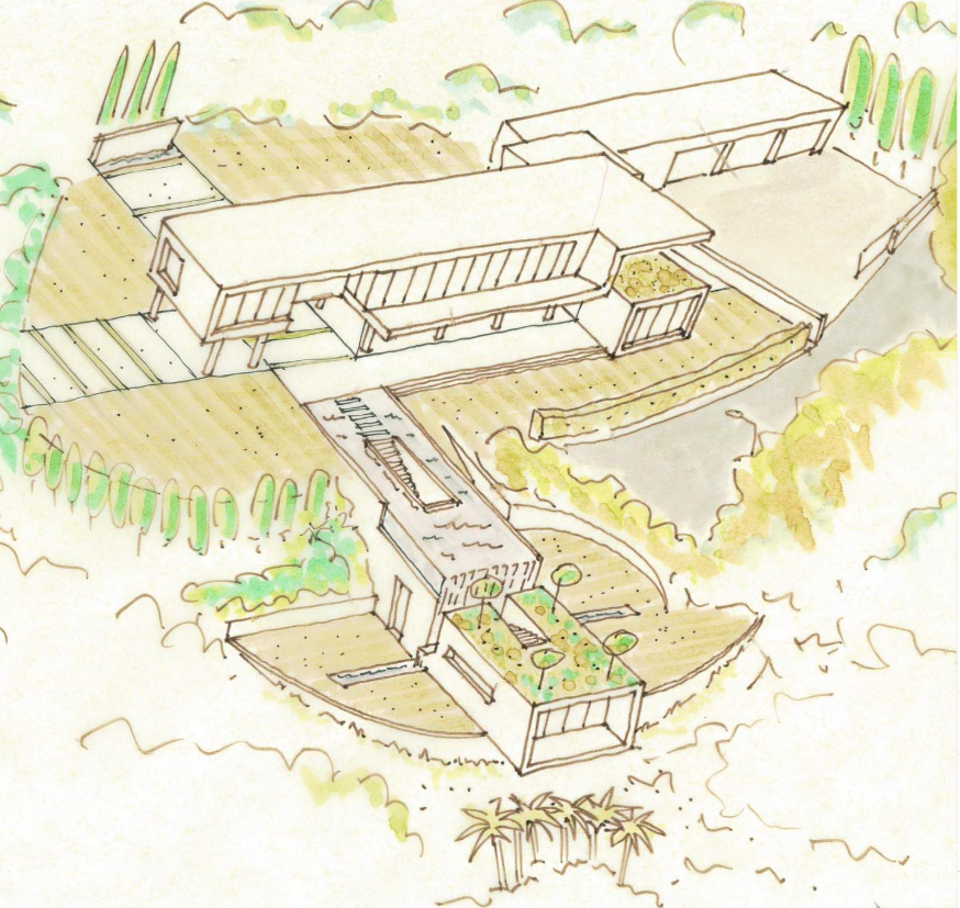 A hand-drawn architectural sketch of a modern residential house with multiple levels, outdoor terraces, a garden, and a driveway.