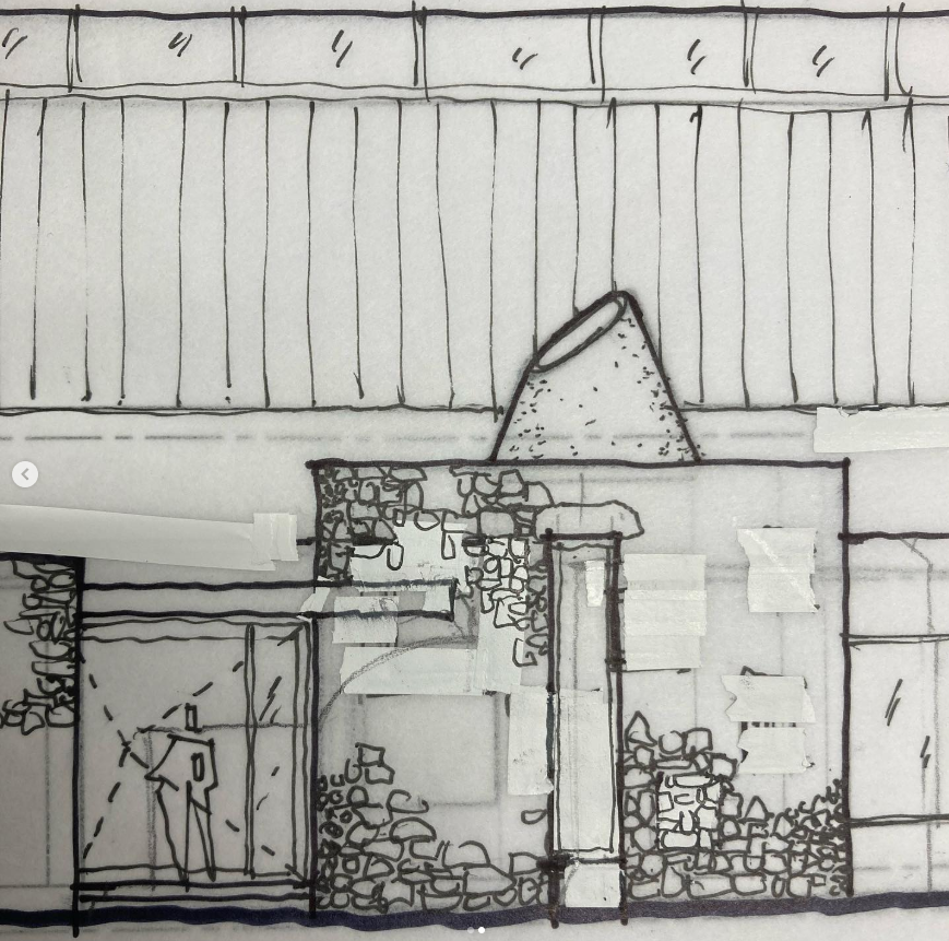 Pen sketch of a partial modern house facade with a cone-shaped skylight form and large window with decorative stonework.