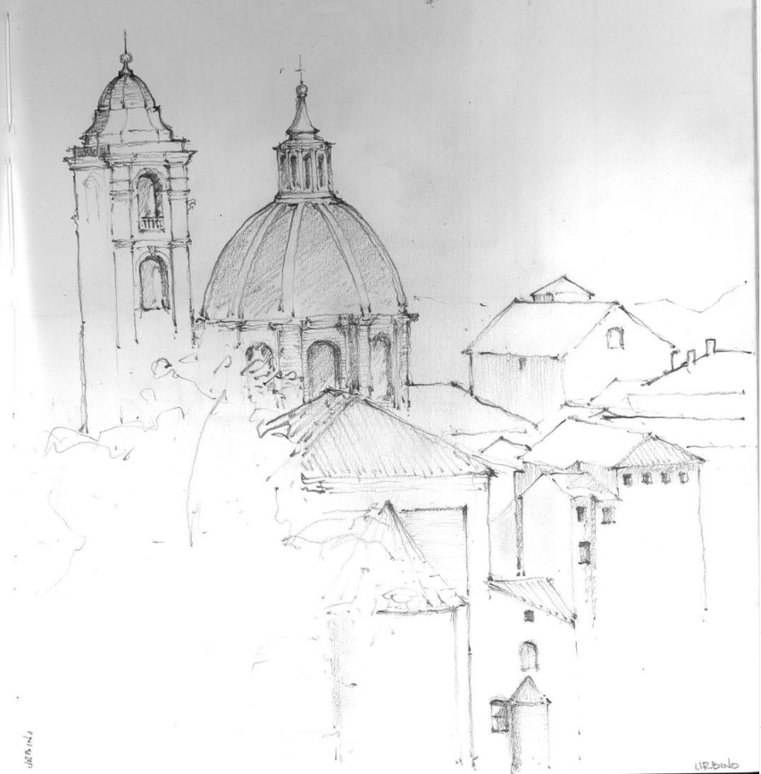 Pencil sketch of Cathedral di Santa Maria Assunta in Urbino Italy, featuring a large domed roof and several towers, surrounded by various buildings and rooftops.