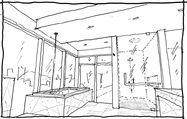 Sketch of a modern bathroom featuring a bathtub with a ceiling mounted tub filler, walk-in shower with glass door, and large windows with city view.