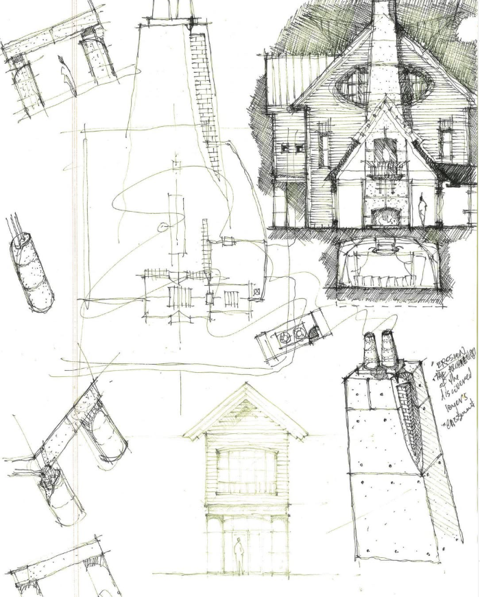 Sketches of architectural designs, including a house facade, a cross-section of a house, rooftop and chimney details, lighting fixtures, and structural elements.