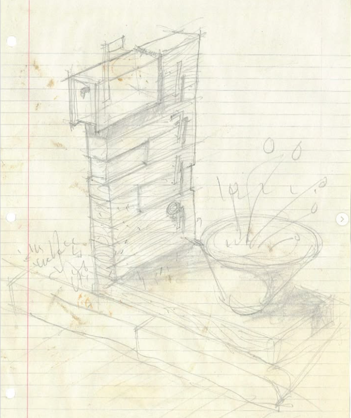 Pencil sketch of a custom concrete mailbox post with a metal mailbox, a large planter bowl nearby, and several small circles and lines indicating vegetation.