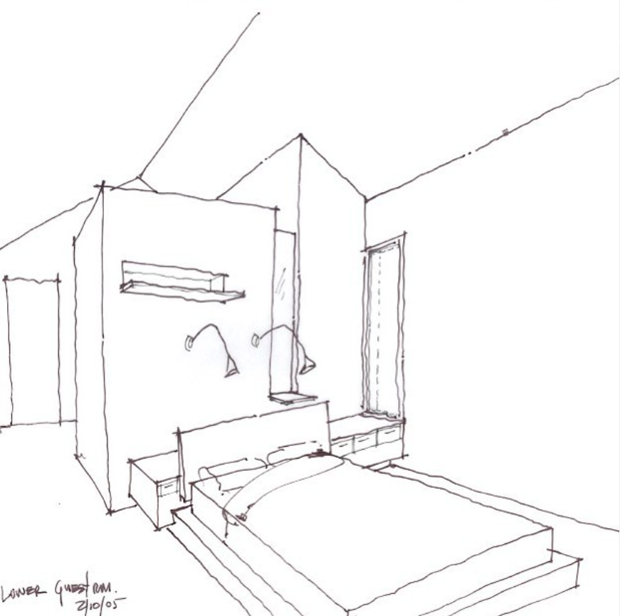 An ink concept  sketch of a bedroom with a bed, two wall-mounted lamps, an open shelf above the bed, and a window.