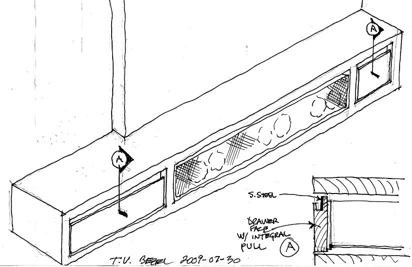 Sketch of a long rectangular wall mounted speaker cabinet with wood drawers and mesh speaker covers, with detailed cross-section of mounting and construction, labeled parts, and notes.