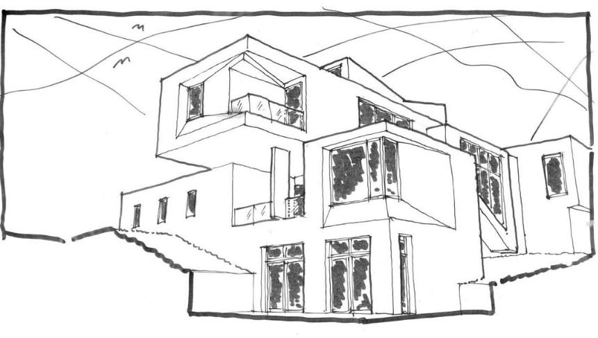 A black and white architectural sketch of a modern multi-story house with large windows and geometric design elements.