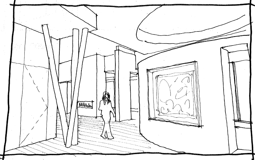 Line drawing of a penthouse interior at entry hall with a person walking, large paintings, and architectural details.