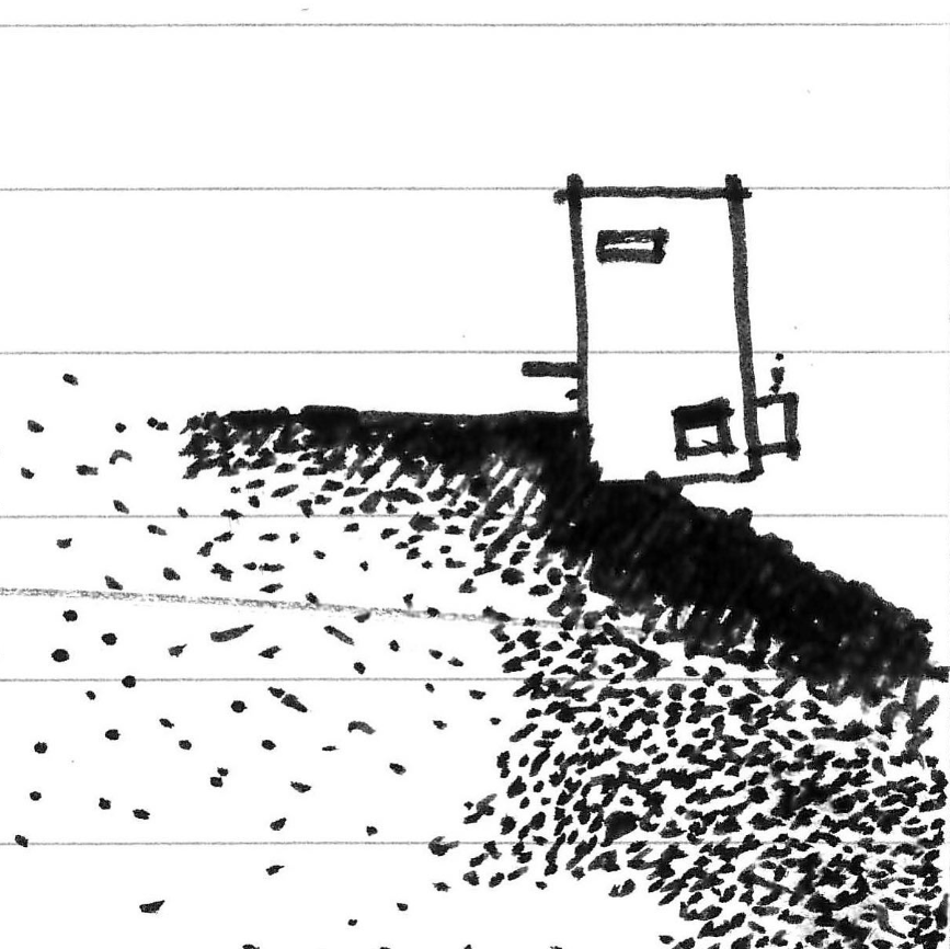 A hand-drawn concept sketch of a simple modern house perched on a hill.