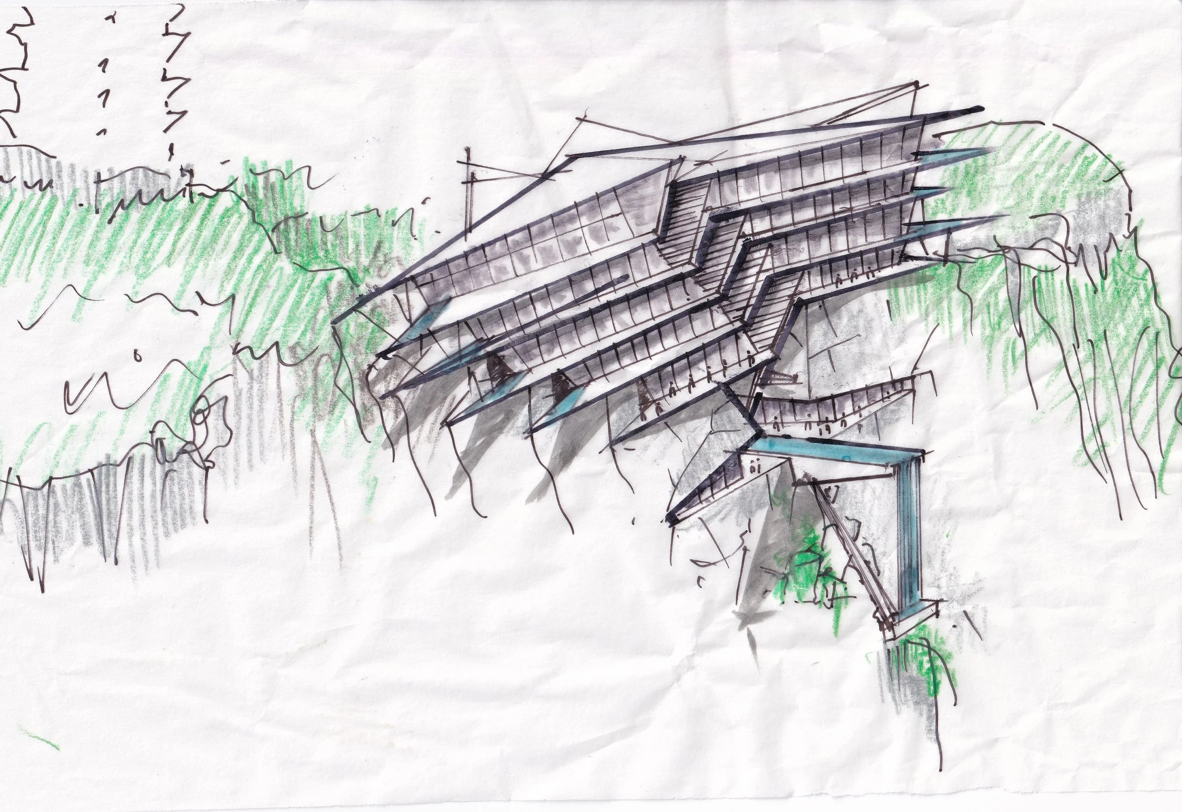 A sketch of a modern multi-level hotel built into a cliff, with terraces, stairs, and surrounding greenery.