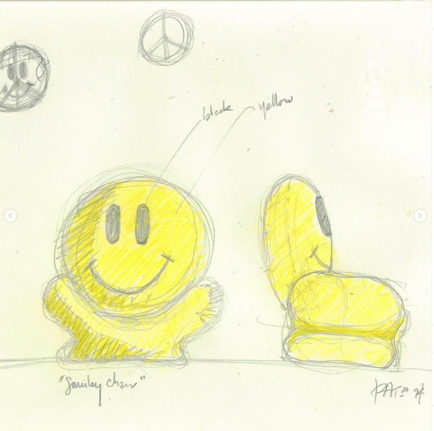 Sketch of a yellow smiley face concept couch with black eyes and a smiling expression, shown in both front and side views, with handwritten notes and labels.