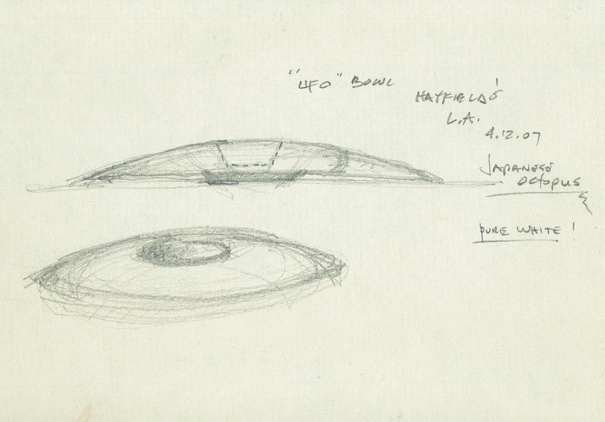 A detailed pencil sketch of a specially designed bowl at Hatfield's Restaurant with notes and annotations, including the artist's name, date, and references to Japanese octopus meal and bone white color.