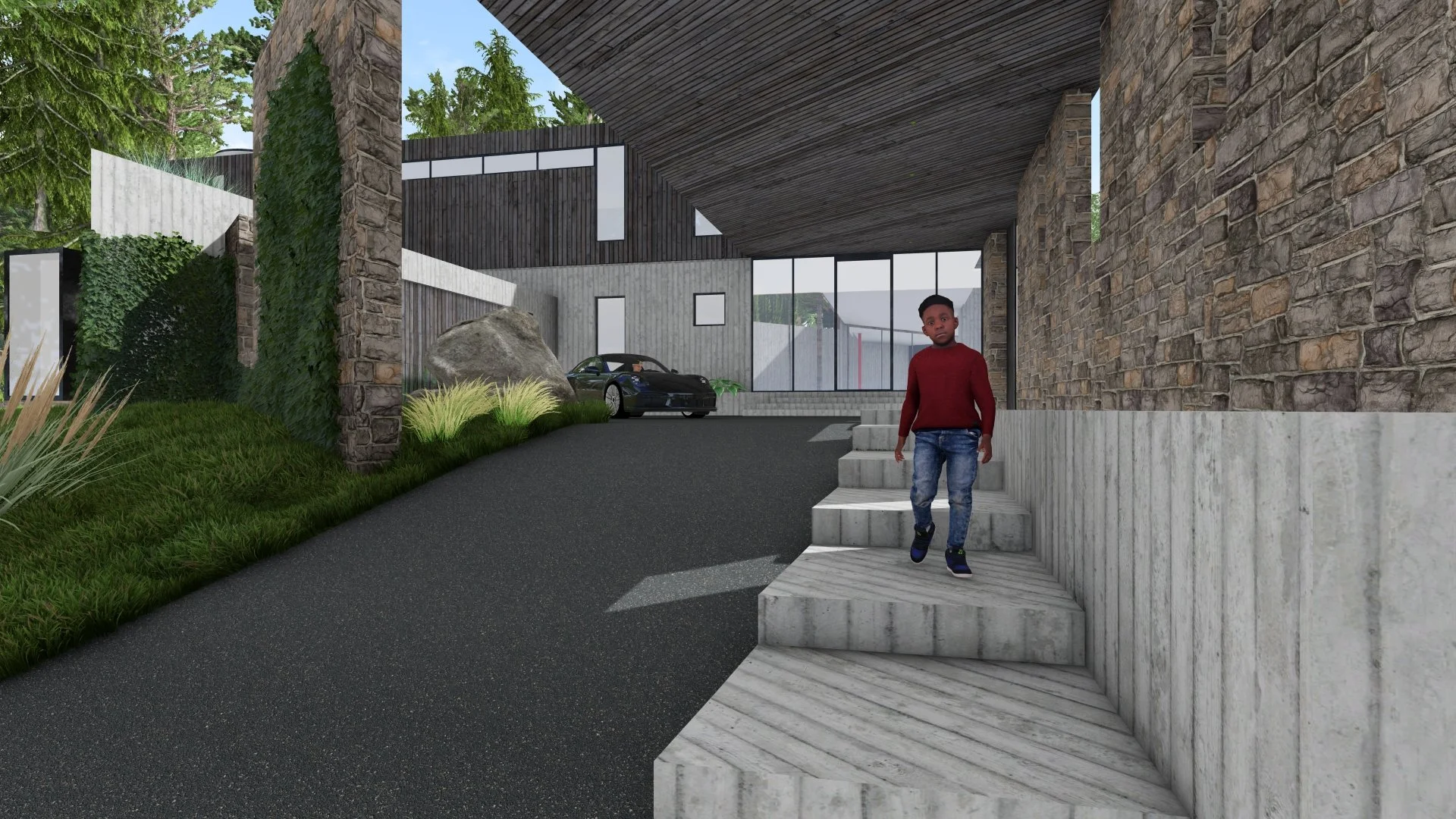 3d rendering of a modern house exterior with a boy walking down concrete steps, a black sports car parked in the driveway, and landscaped greenery on the side.