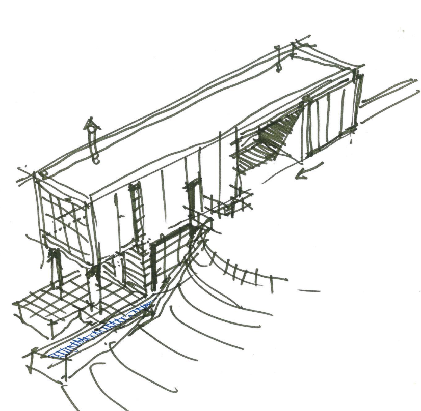 Sketch of a modern house on a slope with a curved pathway leading to the entrance and a balcony overlooking the terrain.